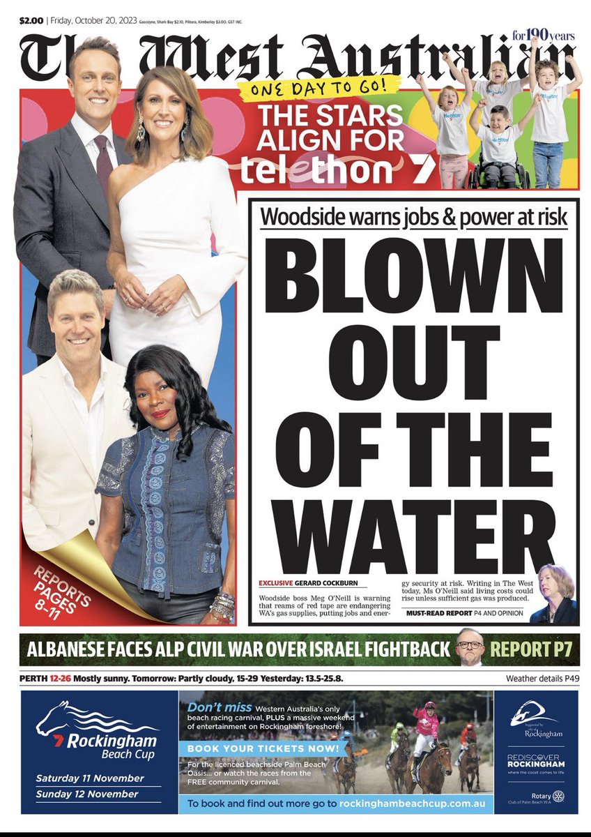 Sophiemcneill's tweet photo. Western Australia - where an oped from a oil &amp; gas CEO complaining about having to follow the law &amp; how its harming her ability to pursue new fossil fuel projects is turned into front page news (plus an editorial and a page 4 story) #CapturedState #StopWoodside @GreenpeaceAP https://t.co/dsUfRWlqad
