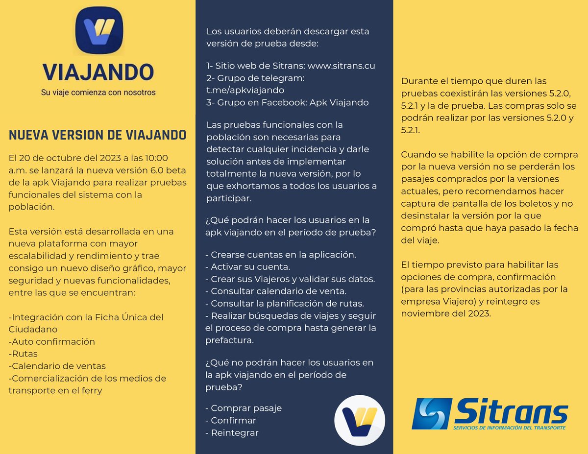 ApkViajando's tweet photo. "Nueva versión de Viajando"

Estimados usuarios, mañana se pondrá a su disposición la versión beta 6.0 de la apk Viajando.

Les solicitamos que lean las informaciones de la imagen, que compartan la publicación y participen. https://t.co/NECqpmrjrE
