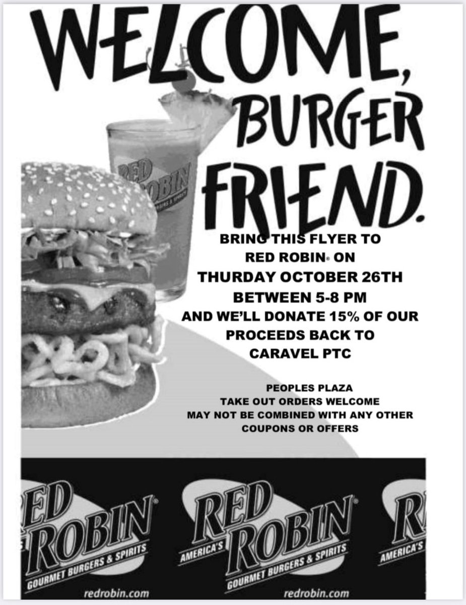 CaravelAcademy's tweet image. Join the PTC on 10.26.23 between 5 and 8 PM (People&apos;s Plaza location only). Please present the flyer when ordering (a flyer is required).  Online orders are NOT included.  Take-out orders ARE included.  15% of the proceeds will be donated back to Caravel PTC.
#caravelptc