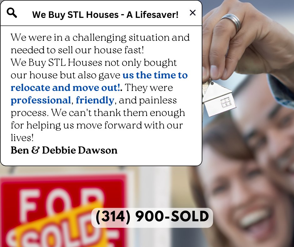 Client love is our biggest motivation! See how we've made a difference in their lives.

314-900- SOLD
WeBuySTLHouses.com 
#testimonial #review #webuystlhouses #AsIsHouses #houseforsale #sellyourhouse #realestateinvestor #house #realestate #stlouis #stlouismo #Missouri