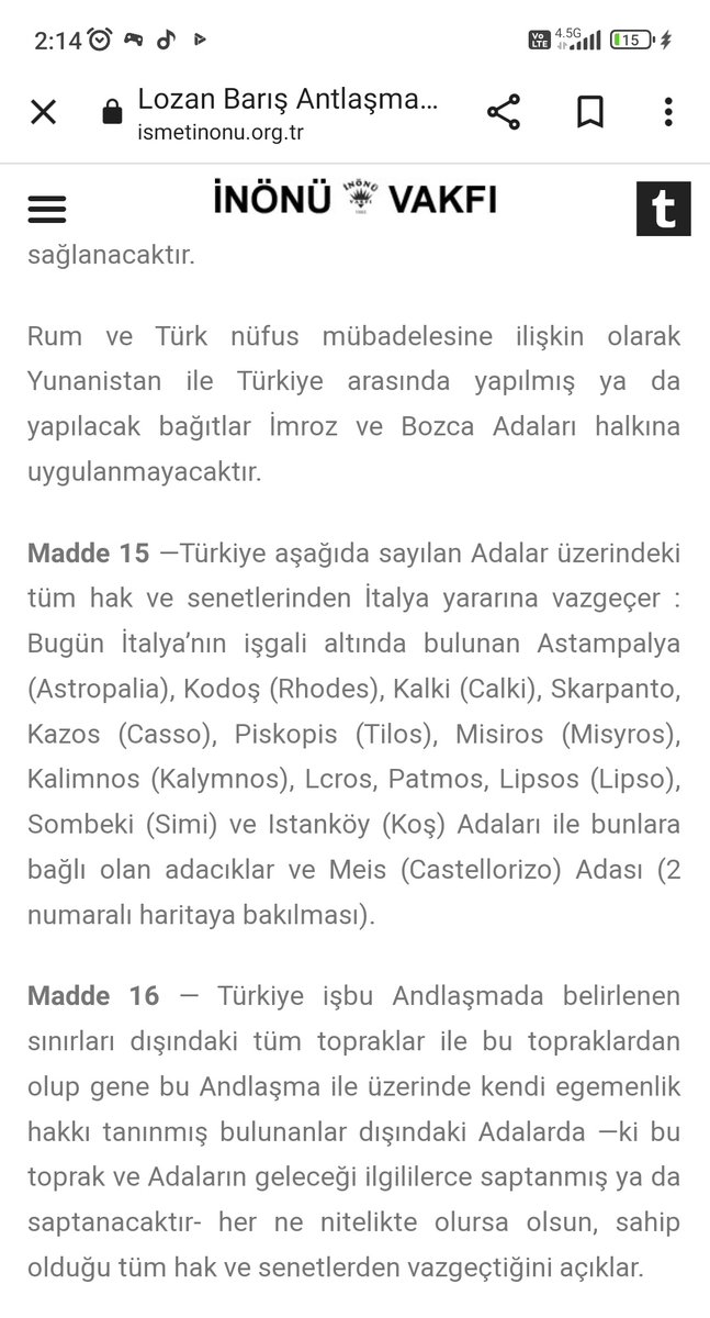 Bayram1470's tweet photo. @ATAISIK_ 24 Temmuz 1923 Lozan muahedenamesi, Madde 15 te Türkiye İtalya yararına tüm hak ve senetlerinden vazgeçiyor ve adaları İtalya'ya  bırakıyor. Bu adaları uşide kaybettik tamam ama Lozan'a ne diye getirtip tekrardan dikte ettiriyorlar acaba bu karşı taraf salak mı ? https://t.co/Uzw0Lx45ma