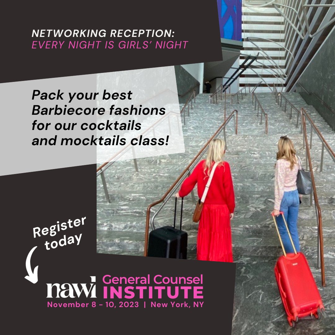 NAWLWomeninLaw's tweet image. Our #GCI2023 will have the perfect balance of #CLE and fun! We&apos;re especially excited about this #Barbie-inspired reception. Dress in pink and come make #cocktails and #mocktails with us.

nawl.org/2023-general-c…

#NAWLGCI #NAWLWomeninLaw #conference #inhouse #counsel