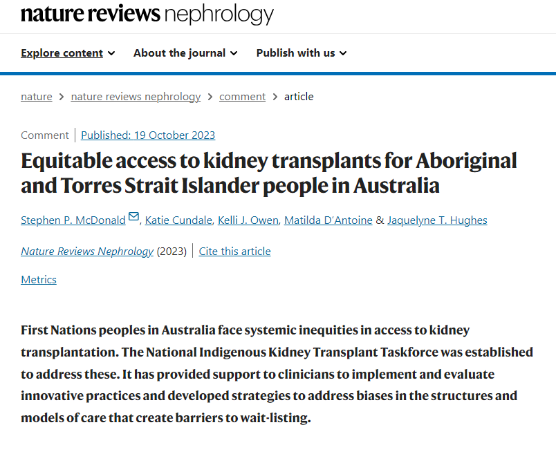 'Transplantation equity for Aboriginal & Torres Strait Islander people is still a work in progress, but it is essential & achievable work.' Read our latest piece in @NatRevNeph, by @NephMcDonald, @jaqui_hughes , @Keliyari13 of @NIKTTaskforce rdcu.be/doYiw