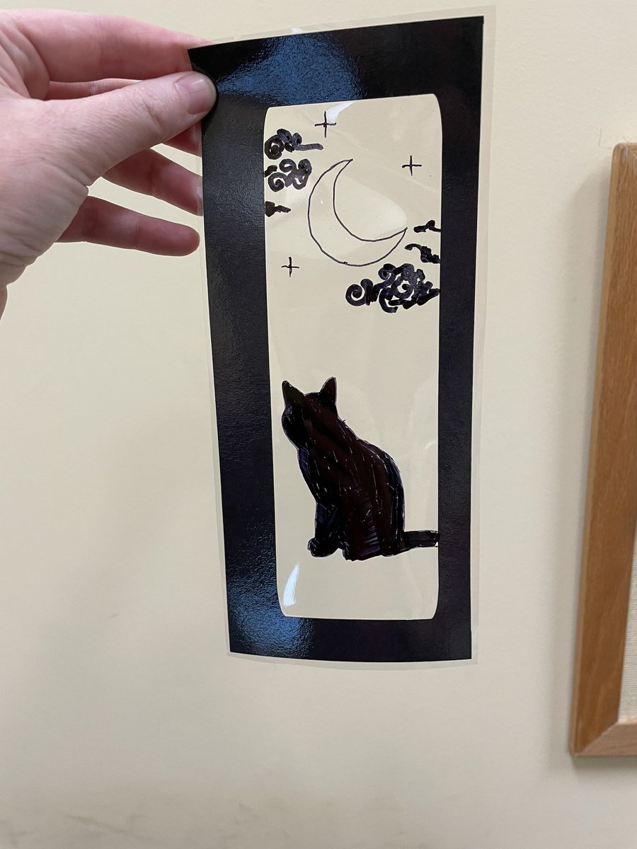 callibrarian's tweet image. Here’s my demo for our spooky bookmark craft inspired by @melissacorey and @kelseybogan. Used the cricut to make bookmark frames and laminated them since our laminate is flimsy.