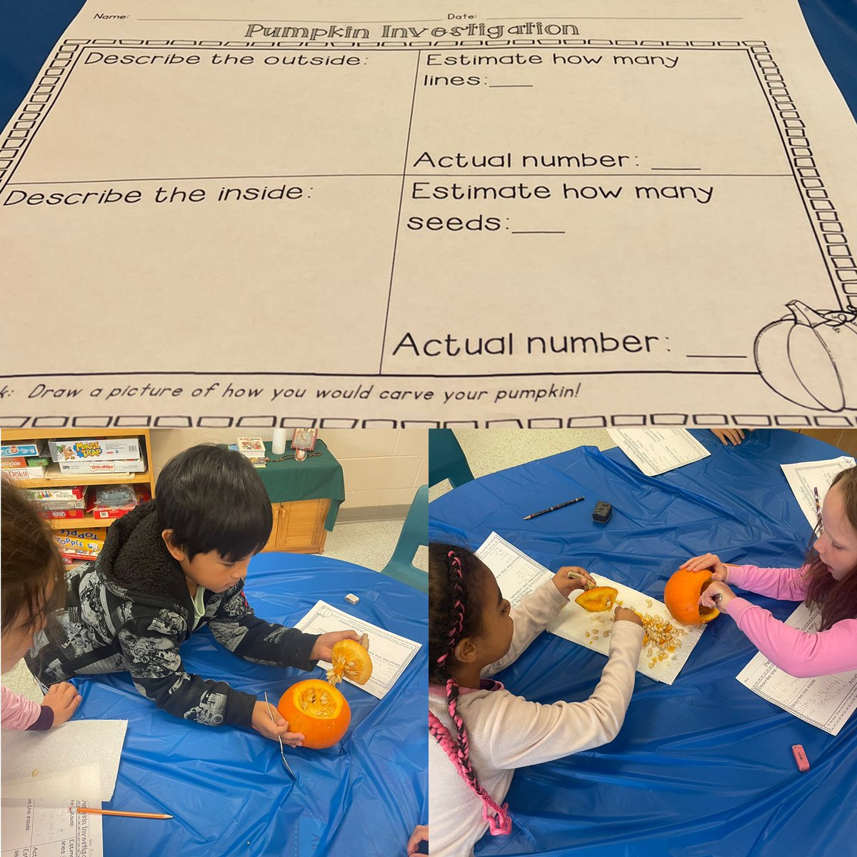 MsLeporeK's tweet photo. Wednesday was Pj and Pumpkins day for 2C!🎃 Ss had to work collaboratively to make estimates of how many lines/seeds each pumpkin had. Then, they counted! They explored strategies to count such a large amount of seeds🌱@MrsDoakSTM @ThomasMoreOCSB @OttCatholicSB https://t.co/K0PGLZ1fj2