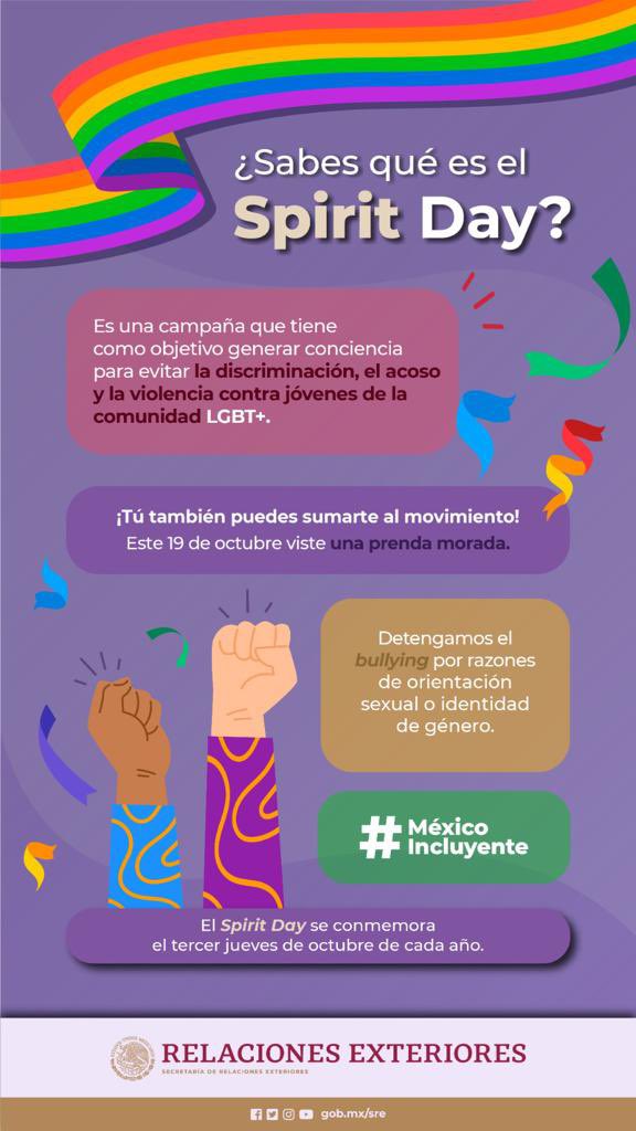 🟣 Detengamos el bullying por razones de orientación sexual o identidad de género. 🏳️‍🌈🏳️‍⚧️

Únete al #SpiritDay 🟣

Recuerda que tú Consulado es #ZonaSegura 🏳️‍⚧️🏳️‍🌈