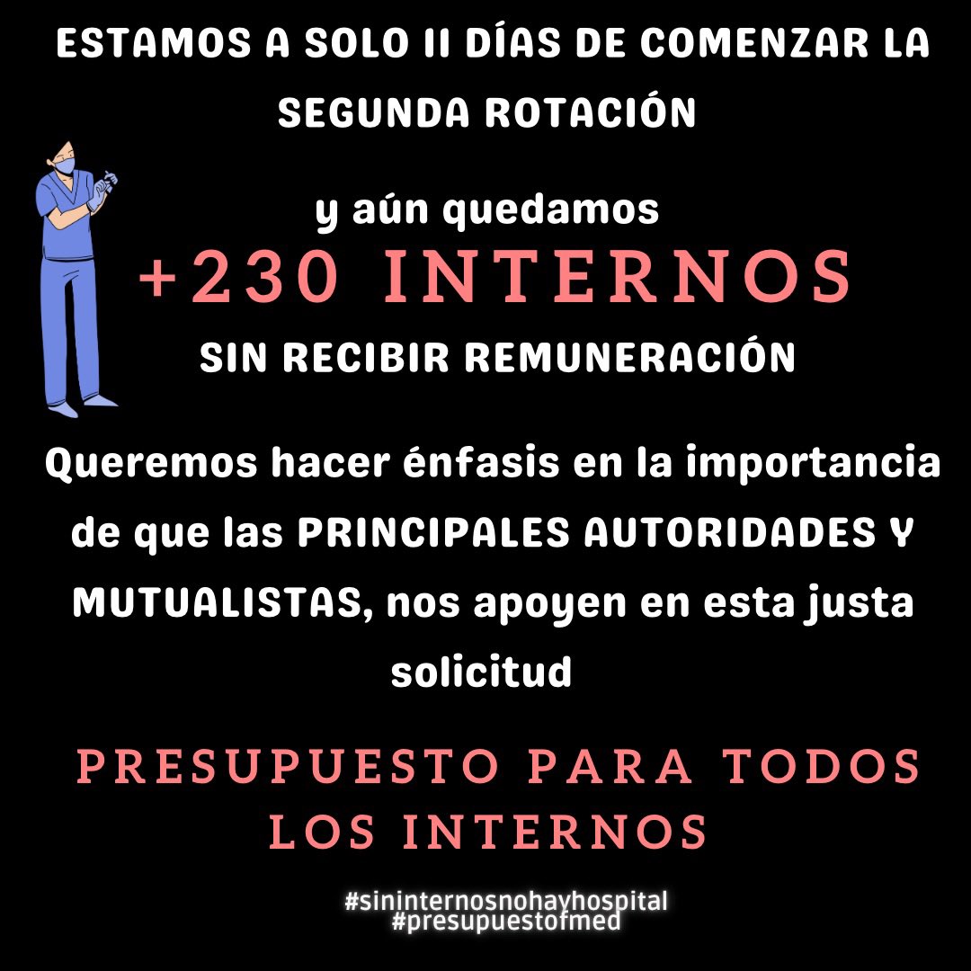 Buenas noches, como están? 
💭Por acá  hemos estado  en contacto con las diferentes autoridades, con el objetivo de seguir mejorando la situación actual
Recordemos que +230 internos aún no reciben remuneración y restan 9 meses  del ciclo internado rotatorio
Agradecemos difusión🙏