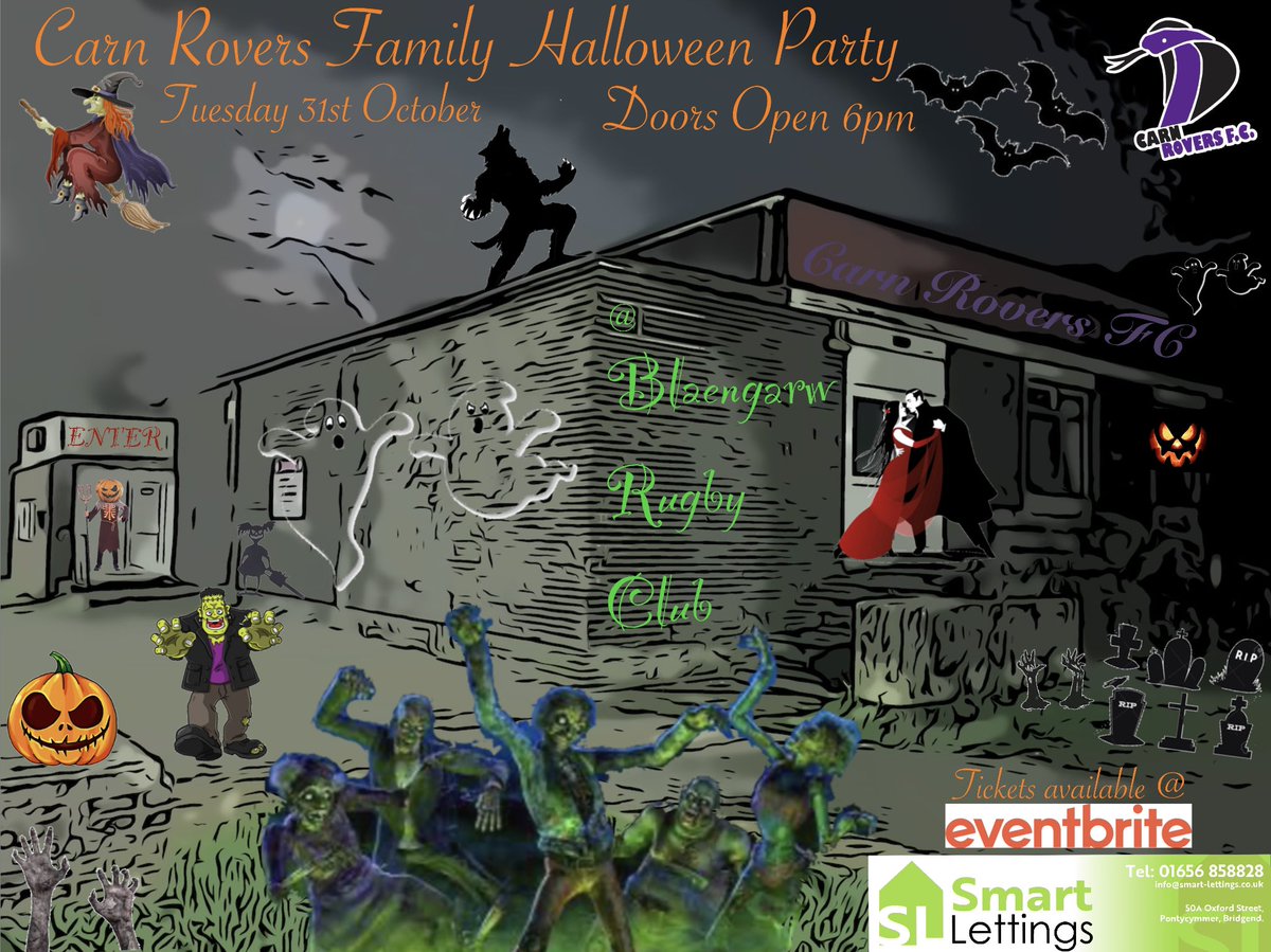Carn Rovers Family Halloween Party at Blaengarw RFC Tuesday 31st October. Disco, Games, Raffle &amp; Prizes. 
ALL WELCOME Click the link for tickets.
eventbrite.com/e/carn-rovers-… <a href="/Eventbrite/">Eventbrite</a>