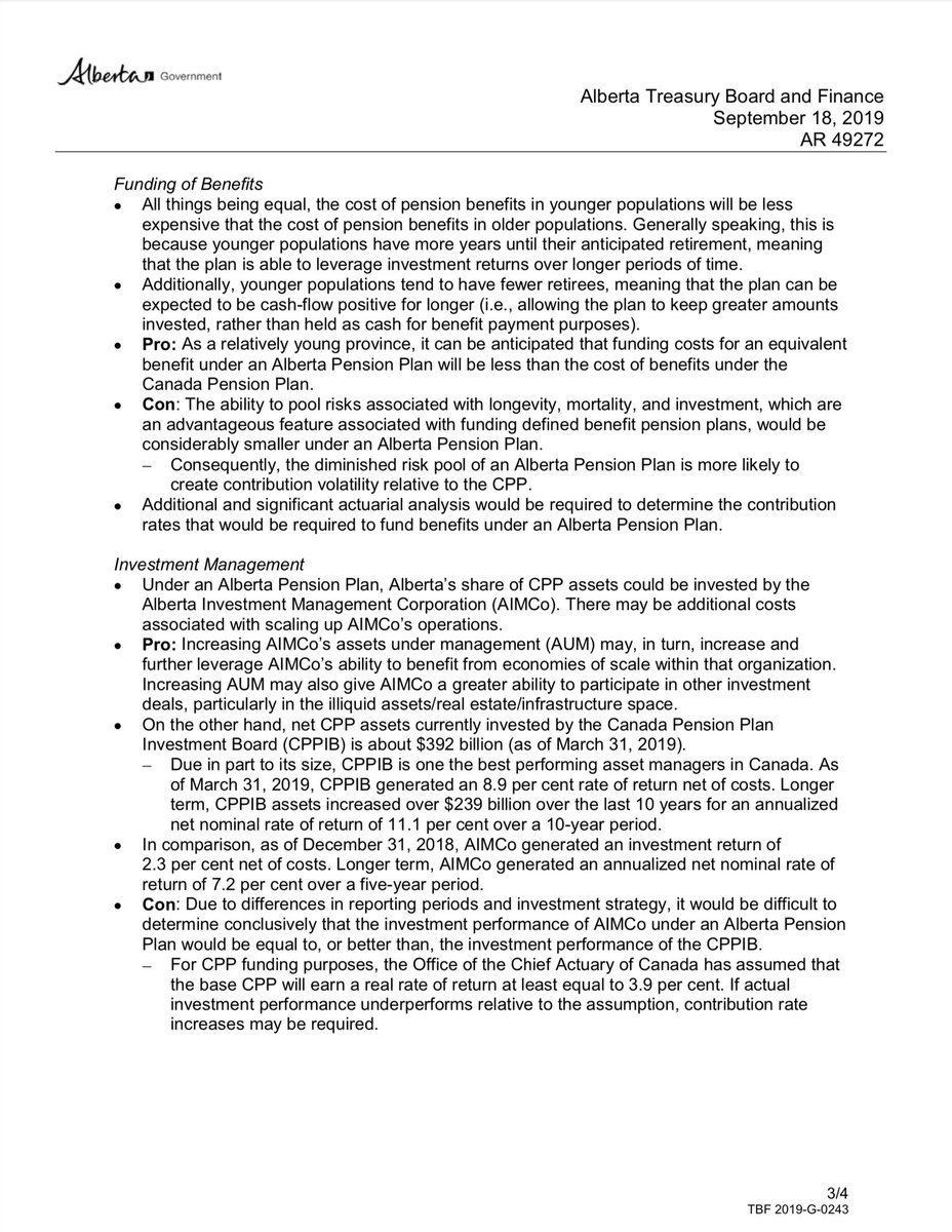 TheBreakdownAB's tweet photo. From the DM's...

After the UCP formed government in 2019, Travis Toews received an evaluation of the risks/benefits of an Alberta Pension Plan.

The report highlighted extensive risks.

It also projected assets and liabilities.

We've received a copy of that report.

/1

#abpoli https://t.co/J8DkG7wwzy