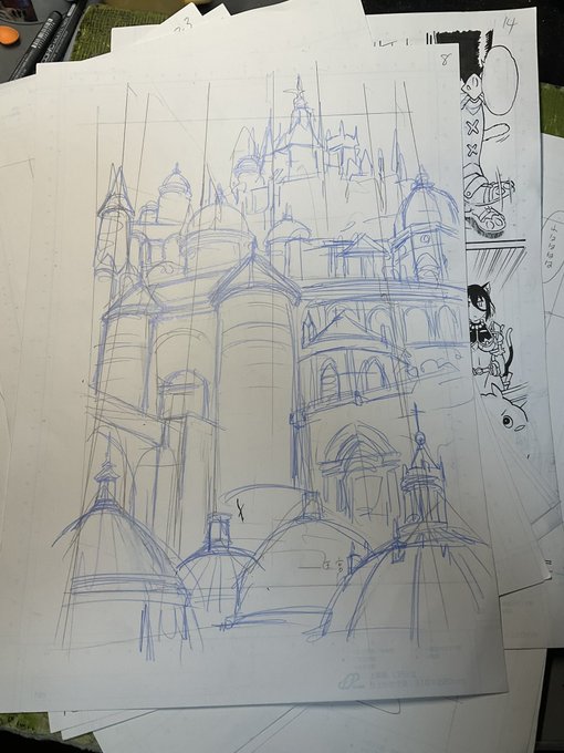 下書き。架空の建物なんで、どう描いてもいいから下書きは当たり程度で。あとはフリーハンドでとにかく建物を積んでいきます。 