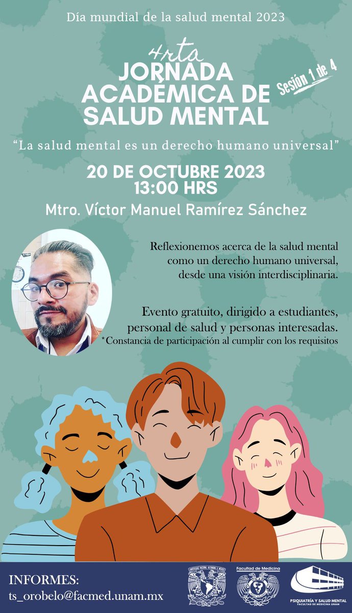 En estas jornadas vamos a reflexionar acerca de la salud mental como derecho humano universal. @PsiquiatriaUNAM Sigue la transmisión en vivo por youtube.com/@departamentod…