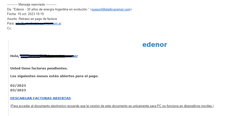 delossantoslean's tweet photo. @Edenor recibi un correo donde supuestamente uds. reclaman una deuda pero viendolo tiene toda la apariencia de ser un fraude con intención de robar información de la computadora.
Espero puedan dar con esta gente. https://t.co/SCzUNNbX5X