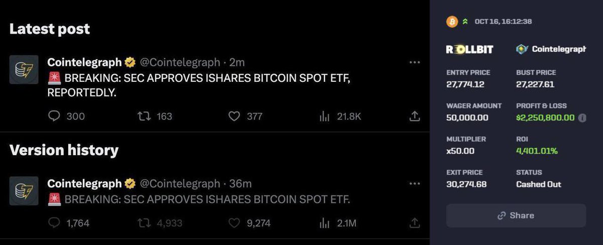 Sillymonkey1987's tweet photo. Cointelegraph và việc tung tin giả về SEC phê duyệt Bitcoin ETF

 2 ngày trước Bitcoin dựng cột đạt  $30.000. Động lực là trang Cointelegraph công bố rằng SEC đã phê duyệt quỹ ETF Bitcoin giao ngay iShares từ BlackRock.

Ngay sau đó hàng loạt KOLs bao gồm cả BlackRock lên tiếng rằng tin này là phake. Bitcoin làm gậy nữa về 28k trong vỏn vẹn vài phút :)) 

Vài giờ sau, Cointelegraph chỉ xin lỗi và làm rõ rằng thông tin sai lệch được công bố bởi nhân viên của họ - đã sử dụng một nguồn chưa được xác minh dựa trên ảnh chụp màn hình đơn giản từ #TwitterX và không làm rõ điều đó với tổng biên tập trước khi đăng. Khổ thân ông nhân viên nào bị đem ra thế thân 

📊 Kết quả là gì?

 Hơn 100 triệu USD margin đã bị thanh lý.

Cũng có tin đồn rằng một nhân viên của Cointelegraph đã kiếm được hơn 2 triệu đô la, vì trước khi tin tức được công bố, anh ta đã mở một vị thế long Bitcoin với x50 =) 
Theo whale hunter thì cá voi đã mua một lượng hơn 25M$ #BITCOIN chiều hôm đó với giá 27k8 . Và biểu đồ onchain cho thấy hàng loạt lệnh long được mở trước khi cointelegraph đưa tin 😊