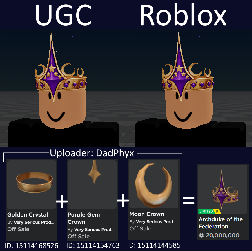 PeakUGC's tweet photo. UGC creator "DadPhyx" uploaded a 1:1 copy of the limited "Archduke of the Federation" in 3 parts. #Roblox #RobloxUGC https://t.co/vWNO9qyRz6