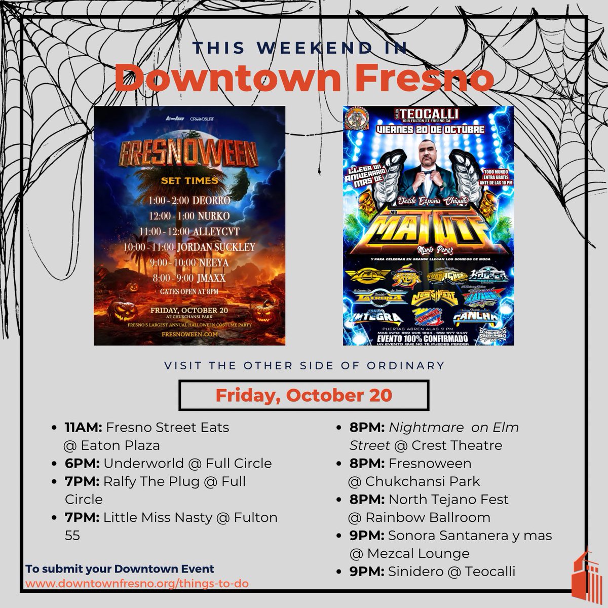fresnodowntown's tweet photo. WEEKEND ROUNDUP! You know its a big weekend when tacos, wine, music, and Halloween are involved. 🌮🍷 You won't want to miss big events like the Taco Truck Throwdown, Fresnoween, the Warnors Wine Walk, and so much more in Downtown Fresno 👻🎵 https://t.co/gMk9GlPMQX