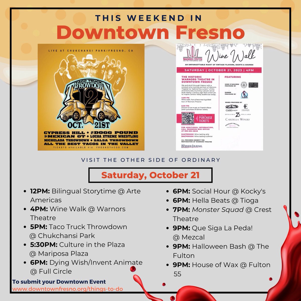 fresnodowntown's tweet photo. WEEKEND ROUNDUP! You know its a big weekend when tacos, wine, music, and Halloween are involved. 🌮🍷 You won't want to miss big events like the Taco Truck Throwdown, Fresnoween, the Warnors Wine Walk, and so much more in Downtown Fresno 👻🎵 https://t.co/gMk9GlPMQX