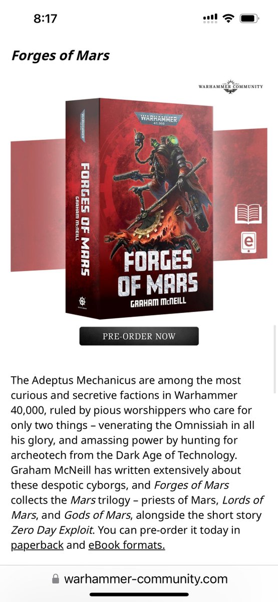 GrahamMcNeill's tweet image. But wait, there&apos;s more! Freshly polished and newly exloaded from the noosphere, the Forges of Mars omnibus returns from beyond the galactic fringe, containing the novels, Priests of Mars, Lords of Mars, and Gods of Mars, as well as the short story, Zero Day Exploit. #Mechanicus
