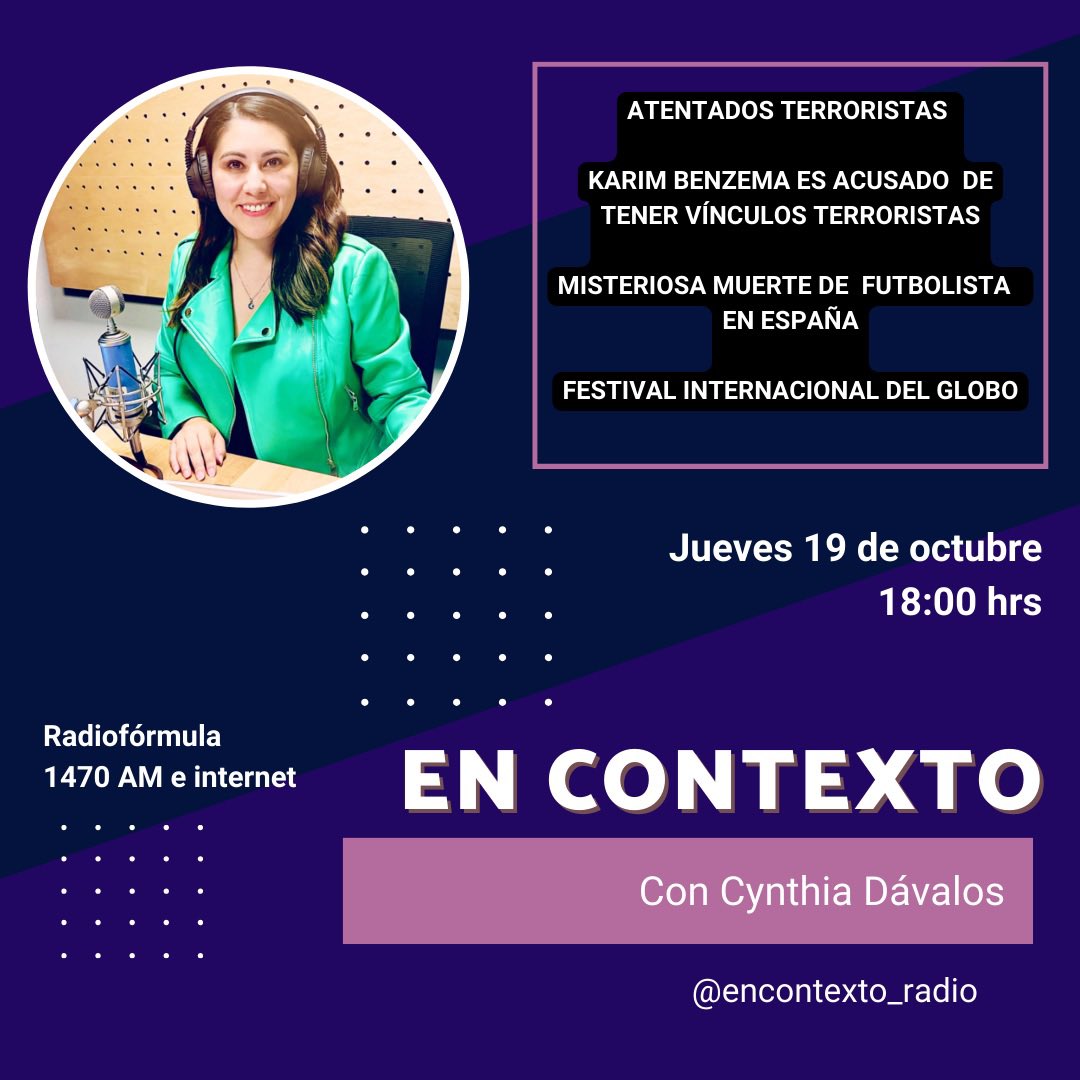 soycyndavalos's tweet photo. Tenemos una cita a las 18:00 hrs #EnContexto por @radioformulamx #1470AM
🔹Día mundial de la lucha contra el cáncer de mama
🔹Terrorismo @StephanieHenaro
🔹Benzema @JLUIS_CUEVAS @DanielMejiaLoz2
🔹Misteriosa muerte de futbolista en España @JennSeefoo https://t.co/aipGcyjlkz