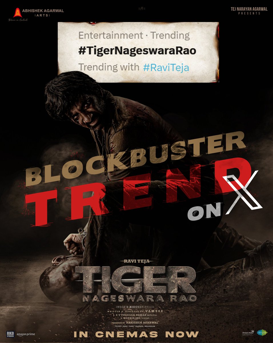 With blockbuster talk from early shows, #TigerNageswaraRao trending top on @X across India 💥💥 #TigerNageswaraRao in cinemas now ❤‍🔥 BOOK YOUR TICKETS 🐅 - linktr.ee/TNRTickets @RaviTeja_offl @DirVamsee @AnupamPKher @AbhishekOfficl @NupurSanon @gaya3bh #RenuDesai