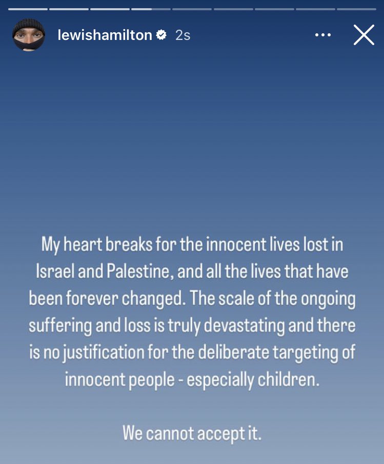 Hamilton: “İsrail ve Filistin'de kaybedilen masum hayatlar ve sonsuza dek değişen hayatlar için kalbim kırılıyor. Devam eden acıların ve kayıpların boyutu gerçekten yıkıcı ve masum insanların, özellikle de çocukların kasıtlı olarak hedef alınmasının hiçbir haklı gerekçesi olmaz.”