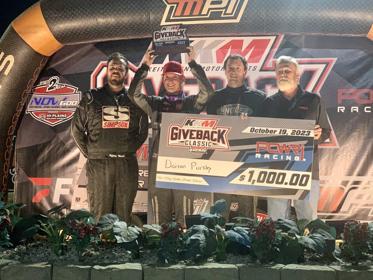 Daison Pursley is your #EnglerMachine #RushRaceGear non-wing Outlaw winner and lock in to Saturday’s @KKMgiveback $15,000 to win feature. Joe B Miiler Jeffrey Newell also lock themselves in.