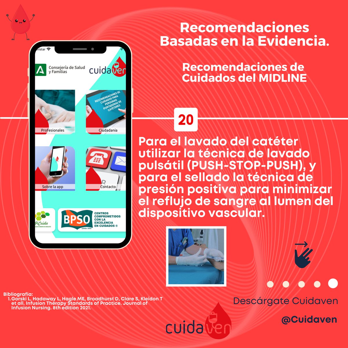 #25DíasdeRecomendaciones #Día20 #Cuidaven📲🩸 Cuidados del MIDLINE. 

✅ En el Lavado del catéter no olvidemos el PUSH-STOP-PUSH.
✳️ Y para el sellado la presión. Positiva.
🗣️ Previniendo obstrucciones.

#practicabasadaenlaevidencia #Bpso #BpsoAndalucía