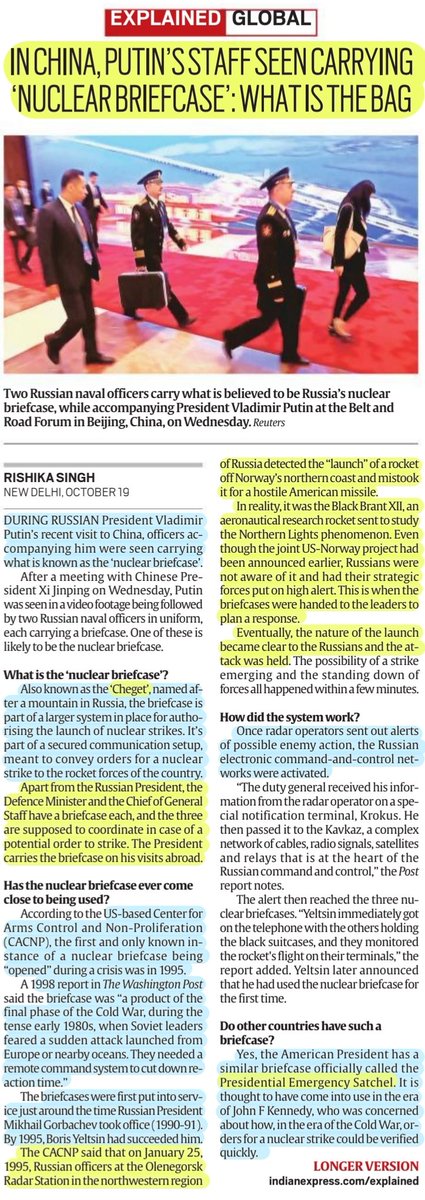 imRavikantYadav's tweet photo. "In China, Putin's staff seen carrying 'Nuclear Briefcase': What is in the Bag"
: Details
#Putin #China #XiJinping
#NuclearBriefcase #Russia #Cheget
#USA #PresidentialEmergencySatchel
#NuclearWar #weapons #UkraineRussiaWar
#UPSC
Source: IE https://t.co/QkVlnC6ZR0