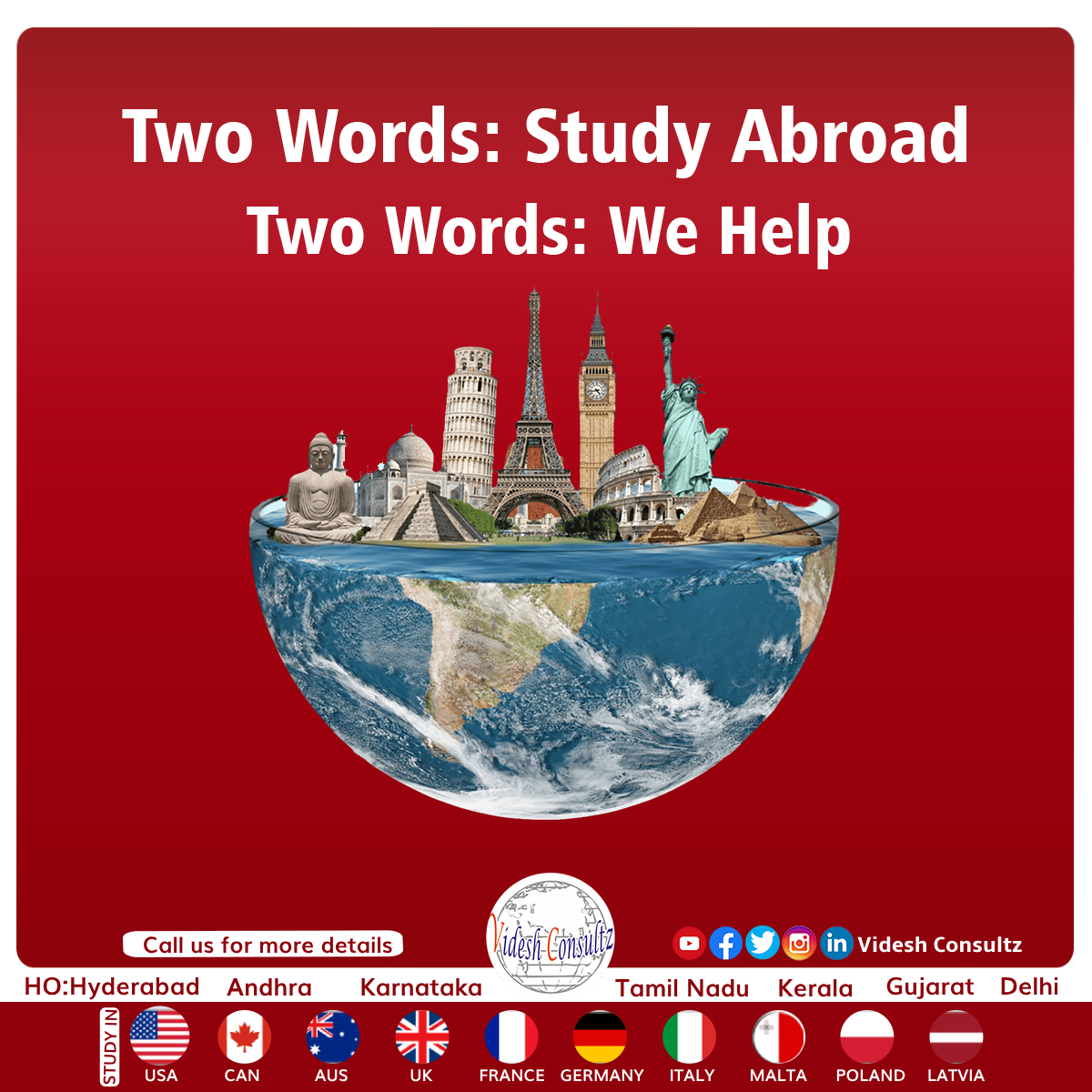 One of the best ways to alter our perspective on the world is to study abroad.
Get a free consultation for your overseas study plan right away.
Contact us
Hyderabad: 9676502888, 9052578888

#StudyinItaly #freeeducation #videshconsultz #topUniversities #Italy #indianstudents