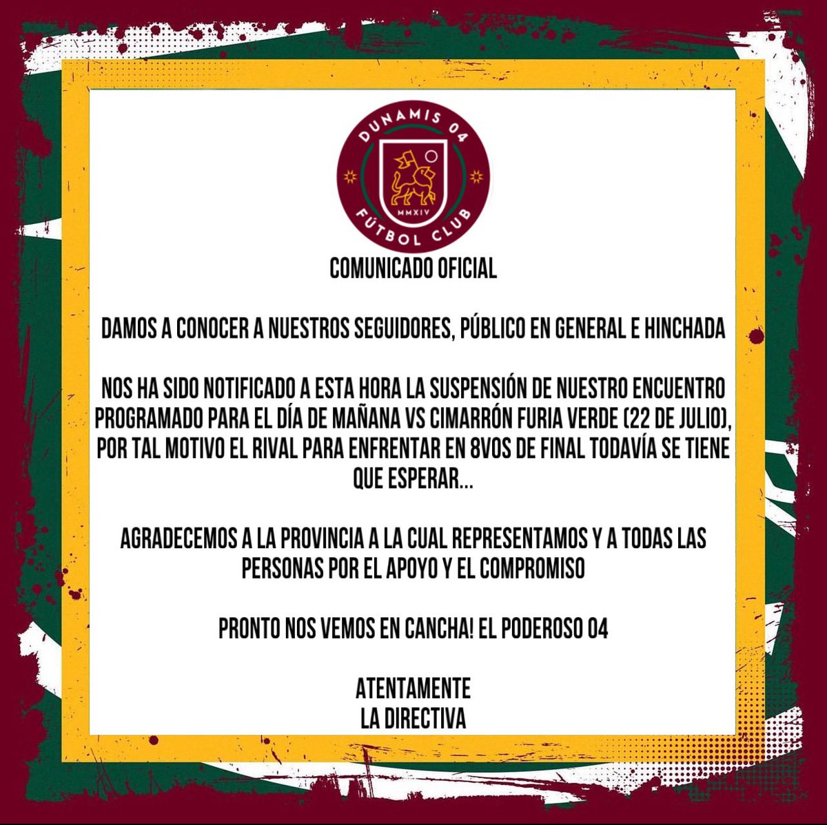 04DunamisFC's tweet photo. 🚨 COMUNICADO OFICIAL 🚨

A espera de nuestro rival para los 8vos de final del #ascensoecuador #ecuabet #rumboaprimera 

HASTA QUE TODO SEA COMO LO SOÑAMOS 🇲🇱🔥 https://t.co/OWm1wbp3R4