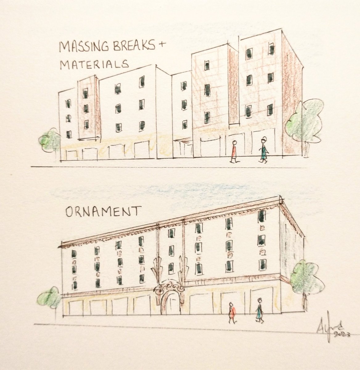 An idea I proposed to North Berkeley design standards that Planing Commission voted on: allow ornament as an alternative to requiring notches, bump outs, &amp; multiple materials on large buildings.

This keeps building interesting, while also saving on structural &amp; energy costs. 🏘️