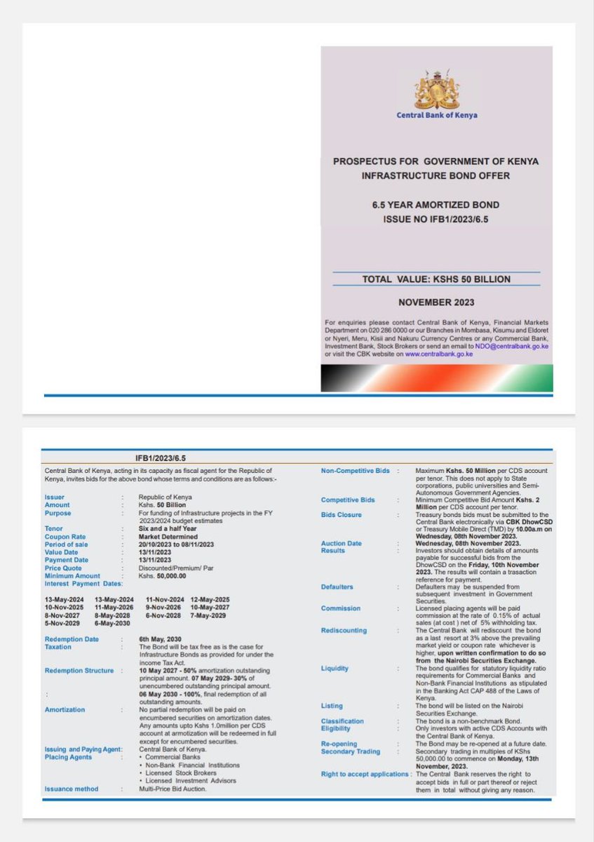 CBK has finally floated the long awaited Infrastructure Bond with a tenor of 6.5 years.

And also lowered the minimum investment for this IFB to KES 50K.

The bond is on offer until Friday, 10th November.
