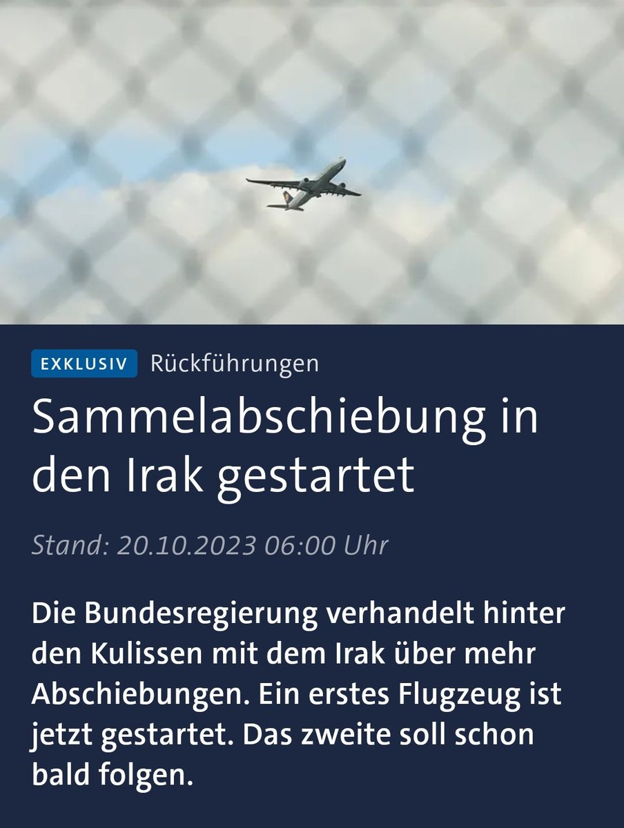 Die #Abschiebung von lediglich 7 (sic!) Personen in den Irak bezeichnet die @tagesschau ernsthaft als 'Sammelabschiebung'. Warum hat man den Flieger nicht gleich voll gemacht!? #Remigration 👇

tagesschau.de/investigativ/n…