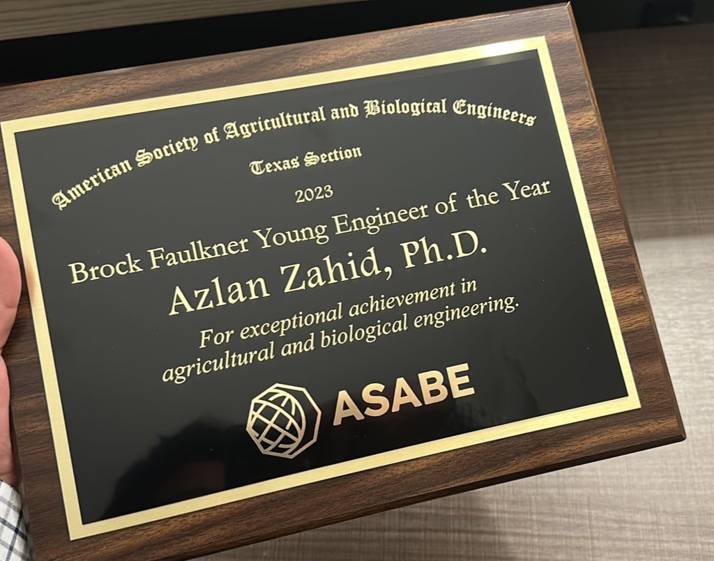 Azlan Zahid (@zahid_azlan) on Twitter photo It’s a great honor to have received the "Brock Faulkner Young Engineer of the Year" award from the <a href="/ASABEorg/">ASABE.org</a> -Texas Section, and I'm truly grateful for this recognition. I appreciate consistent support from <a href="/tamubaen/">Texas A&M Bio & Ag Engineering Dept.</a> <a href="/AgriLife/">Texas A&M AgriLife</a> #ASABE_TexasSection It’s a great honor to have received the "Brock Faulkner Young Engineer of the Year" award from the <a href="/ASABEorg/">ASABE.org</a> -Texas Section, and I'm truly grateful for this recognition. I appreciate consistent support from <a href="/tamubaen/">Texas A&M Bio & Ag Engineering Dept.</a> <a href="/AgriLife/">Texas A&M AgriLife</a> #ASABE_TexasSection