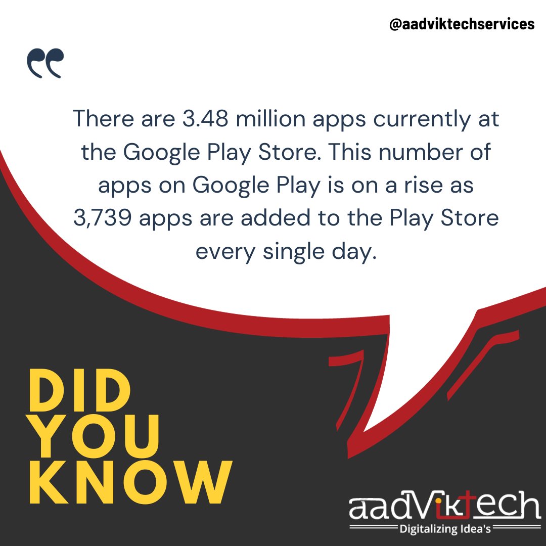 AadvikTech's tweet image. There are 3.48 million apps currently at the Google Play Store. This number of apps on Google Play is on a rise as 3,739 apps are added to the Play Store every single day.

#TechInnovation #DeveloperCommunity #TechEvolution #CodingRevolution #aadviktech #appdevelopment