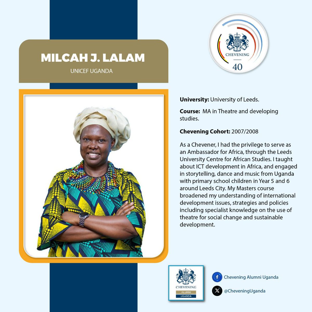 Africa to the world! Milcah J. Lalam served as an ambassador of Africa particularly Uganda during her Chevening scholarship. She taught the children she interacted with around Leeds City dance and music from Uganda. You are celebrated Milcah. #CheveningAt40 #ChooseChevening