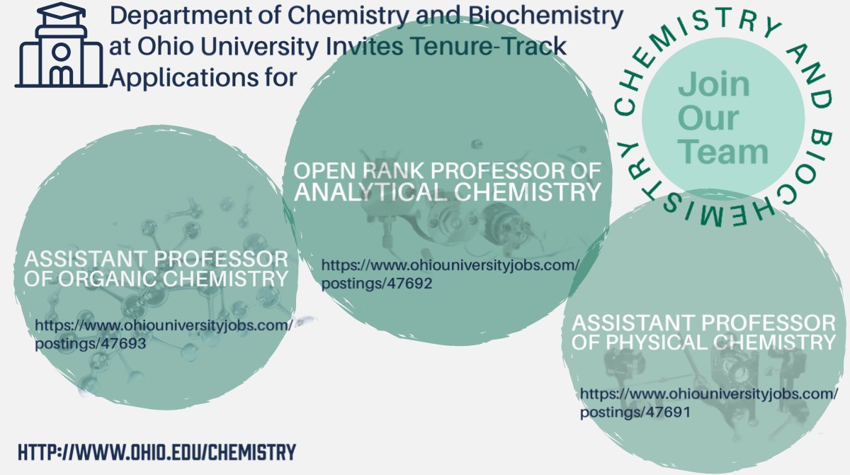 Three faculty openings this year: Asst Prof of Organic Chem, Open Rank Prof of Analytical Chem, and Asst Prof of Physical Chem in the Dept of Chemistry and Biochemistry, College of Arts and Sciences, Ohio University.