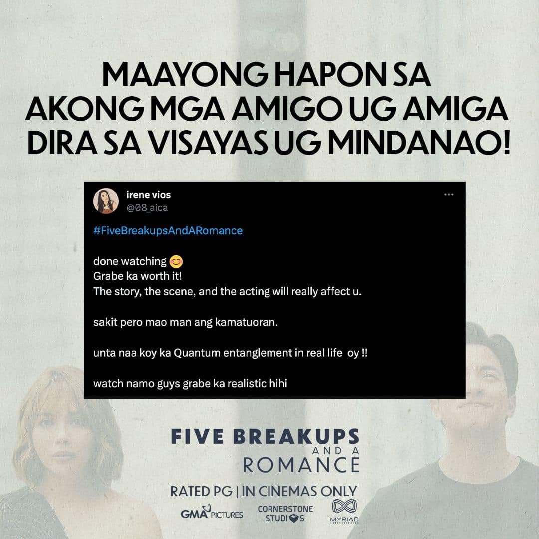 CSstudiosph's tweet photo. Friday ngayon! Wag mo sugurin ang masikip na traffic, pumunta sa pinaka malapit na sinehan at manood ng #FiveBreakUpsAndARomance 😉

Tara? 

#5BAARNOWSHOWING https://t.co/TAm8FFOCns