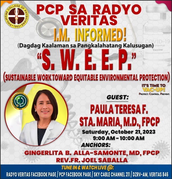 pcp1953's tweet photo. PCP sa Radio Veritas: I.M. INFORMED!
"S.W.E.E.P."
simulcast over: DZRV-AM VERITAS 846,
RADIO TRUTH FACEBOOK PAGE and
on the PCP FACEBOOK PAGE EVERY
SATURDAY, 9 A.M.
#PCPM
#PCPsaRADYOVeritas
#IMInformed
#VacUp
#ItsTimetoVacUp
#ProtectControlPrevent https://t.co/lzmjgV8c20