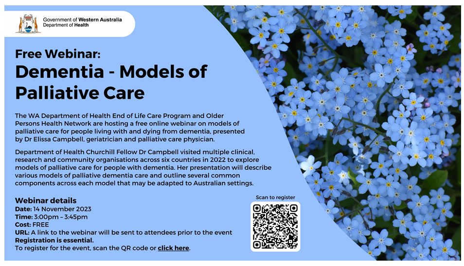 📅📣 Free Webinar: Dementia – Models of Palliative Care webinar. Presented by Dr @Elissa_Campbell, geriatrician and palliative care physician, who will be sharing her results from her 2022 Churchill Fellowship. Details and registration found here: trybooking.com/events/landing…