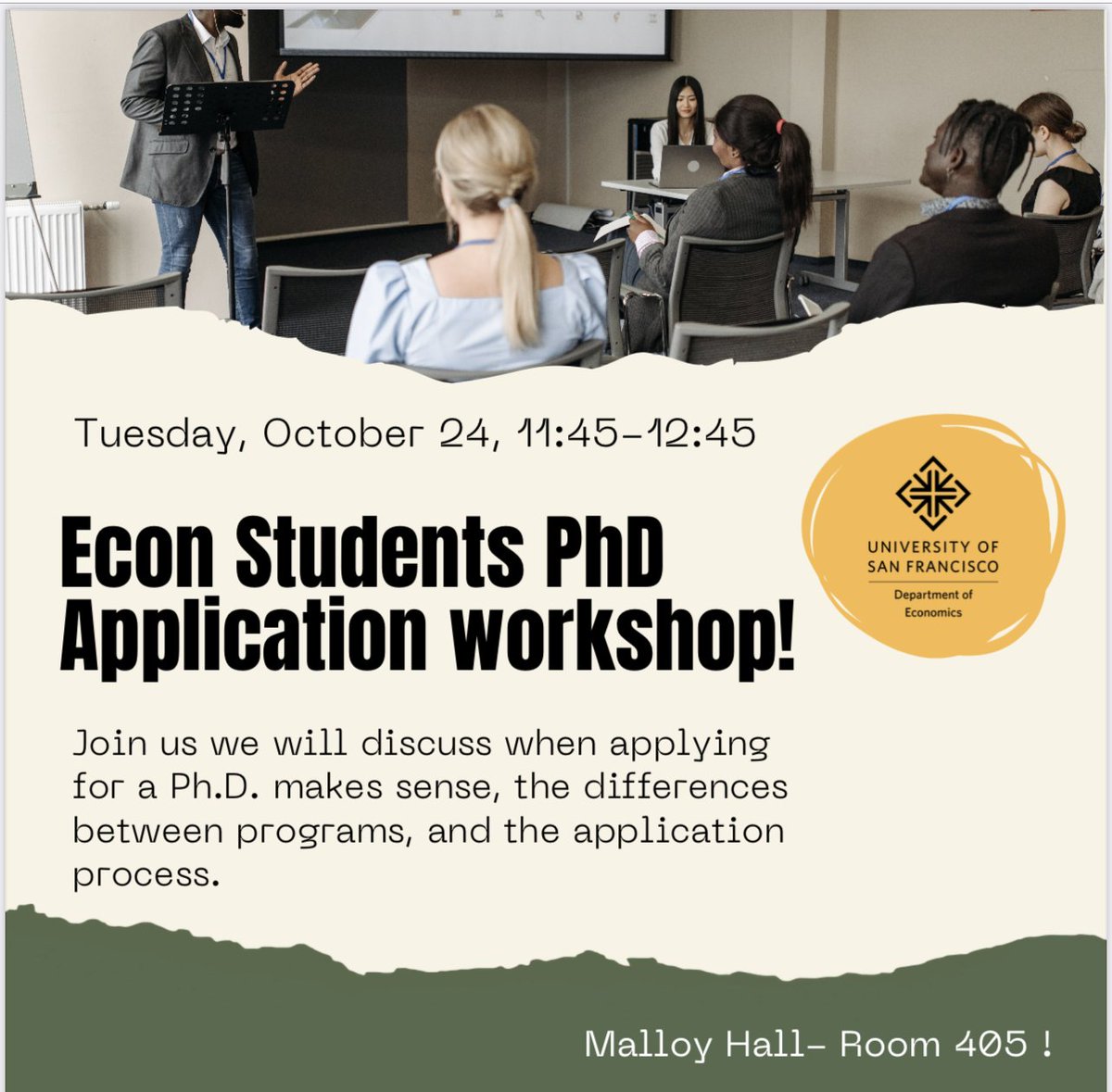USF_Economics's tweet image. 📚 Join us for a valuable ECON PhD Application Workshop on Oct 24th, 11:45 AM - 12:45 PM at Malloy Hall MH 405. Discover the ins and outs of applying for a PhD, and come with your questions! 🎓🤔 #PhDInfoSession #AcademicPathways