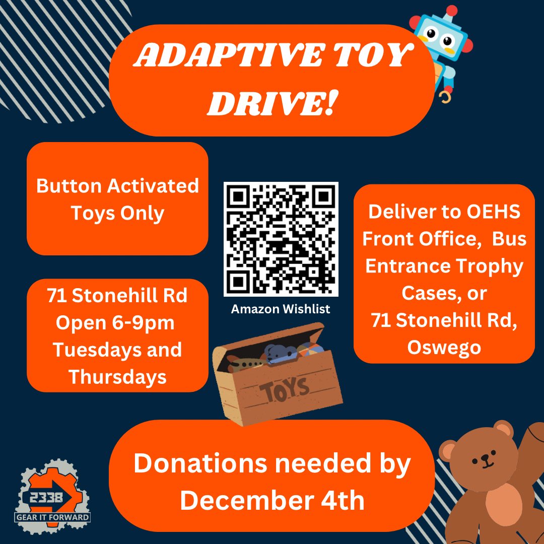 Gear it Forward is happy to announce that we are holding an Adaptive Toy Drive!!!! Any toys that are button activated will be adapted by us and given away to kids in elementary school with limited mobility!

Boxes will be set out by the end of next week!!!!

#FIRSTisforeveryone