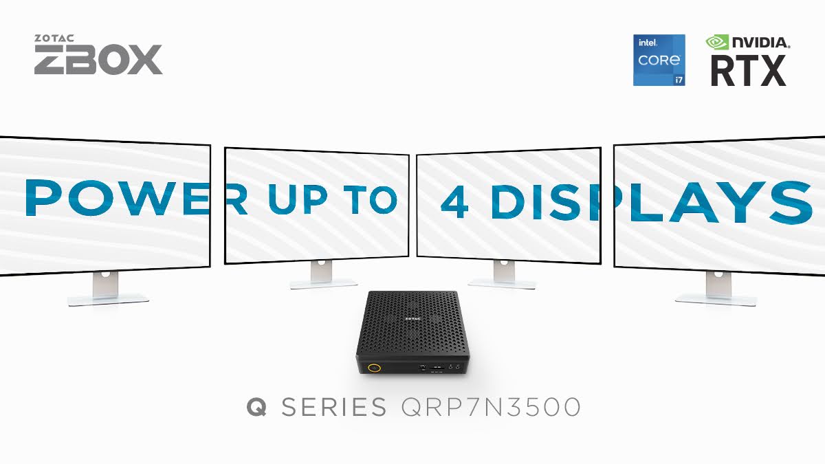 ZOTAC_JAPAN's tweet photo. 小型で強力な ZBOX QRP7N3500を使用すると、より多くのことを行うことができます。
4台の4Kディスプレイを同時に駆動することも可能です。(日本未発売です)
詳細はこちら - https://t.co/oQQ95BuwZB
#ZOTAC #ZBOX #QRP7N3500 #AccelerateWithAI https://t.co/ve04VNJ2oy