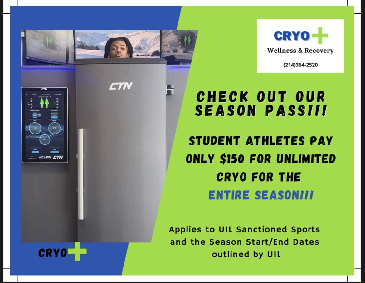 CryoPlusOnline's tweet photo. Check out our New Season Pass!!!! Unlimited Cryo for the ENTIRE SEASON for only $150!!!

Call 214.364.2520 to schedule your appointment! 

***UIL In-Season Athletes Only*** https://t.co/R3eQX0f7Ro