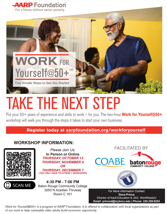 Are you 50 or older and thinking about retirement? AARP alongside #COABE is offering free workshops to equip you w/ the entrepreneurial skills necessary to earn the money you need to live comfortably in retirement.
#WorkForYourselfAt50 #Seniors #AdultEducation #AARPFoundation