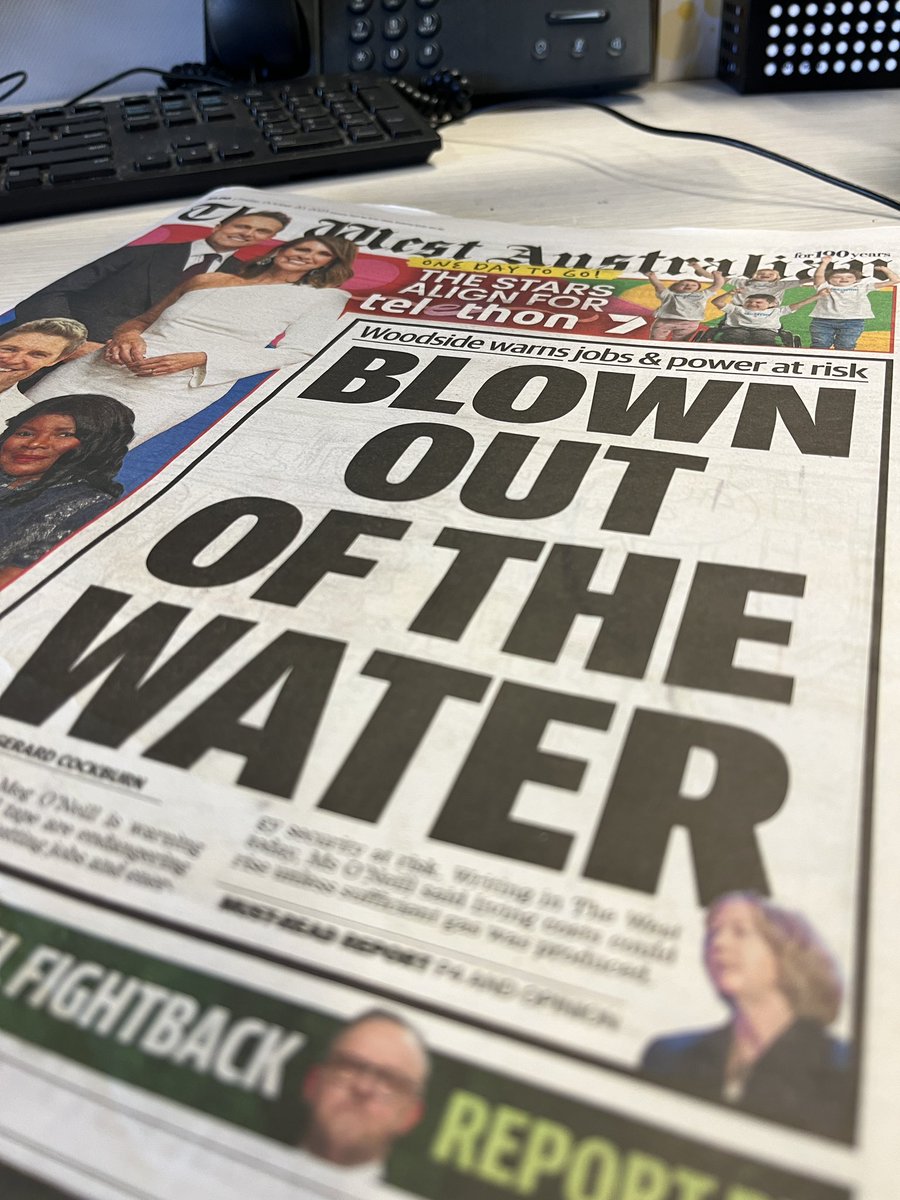 Media coverage in a petro state. @westaustralian has a @WoodsideEnergy ceo Meg O’Neill puff piece wanting faster approvals for offshore gas, a page 1 story, and an editorial backing Meg No mention of Kerry Stokes’s 7 Group’s stake in Crux project that is also seeking approvals