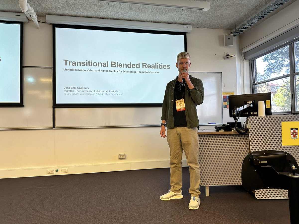 Now @jensemildk presenting “Transitional Blended Realities: Linking between Video and Mixed Reality for Distributed Team Collaboration” at the HybridUI workshop at #ISMAR 2023 in Sydney, Australia.