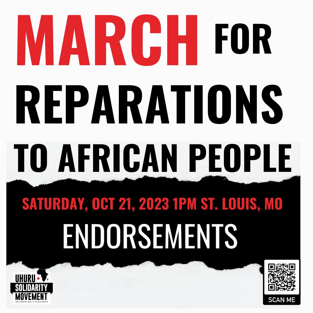 UhuruSolidarity's tweet image. USM would like to thank the following organizations for endorsing the #MarchForReparations taking place this Saturday in #StLouis MO! 

#UnityThroughReparations #Reparations #FreeFreePalestine #Solidarity #WhiteSolidarityWithBlackPower #ColonialismMustGo

StLouisReparations.Eventbrite.com