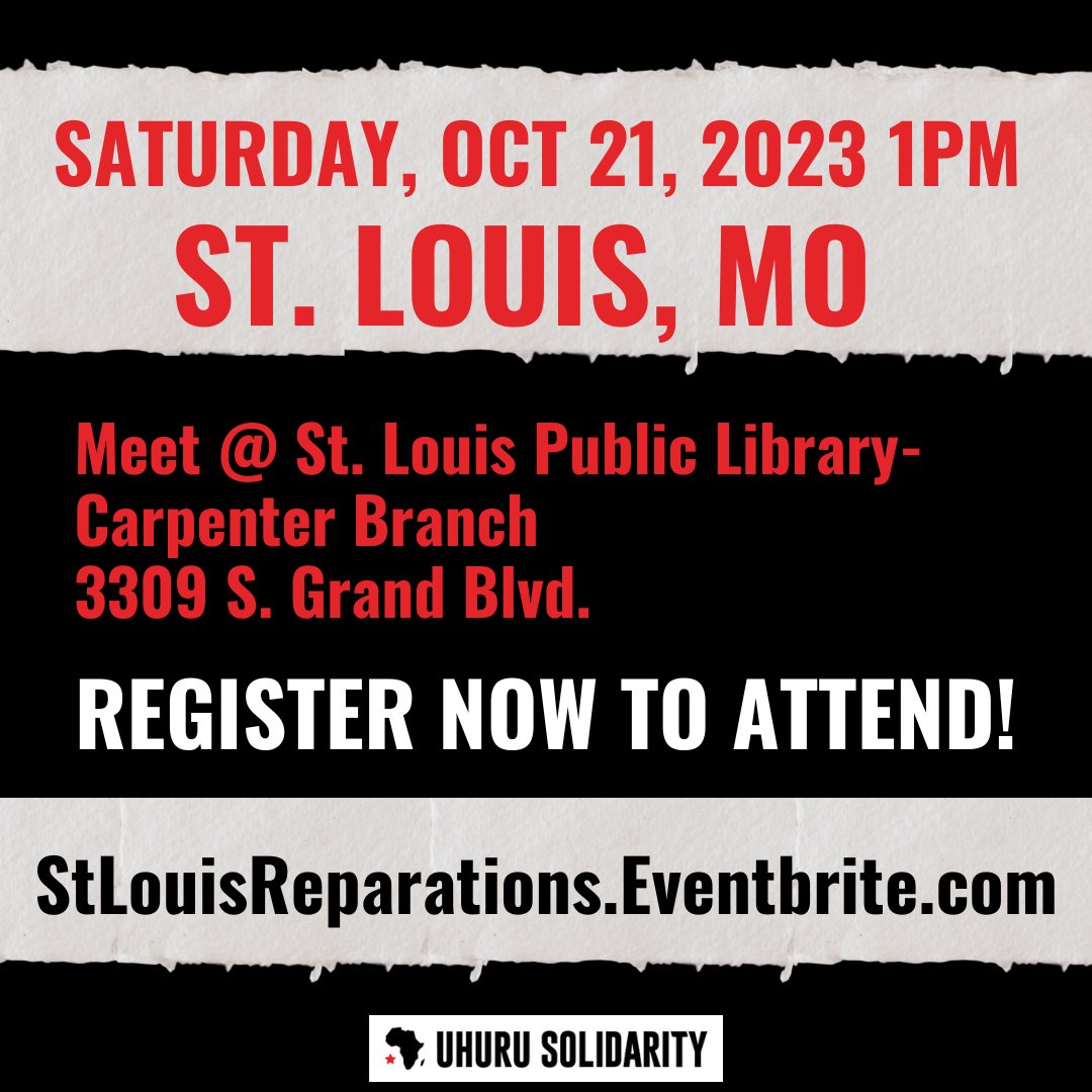 UhuruSolidarity's tweet image. MARCH FOR REPARATIONS TO AFRICAN PEOPLE!
VICTORY TO PALESTINE!
THIS SATURDAY, OCT. 21, 2023 ST. LOUIS, MO!
The #MarchForReparations will feature powerful speakers including 
The Uhuru 3:
APSP Chairman Omali Yeshitela
APSC Chairwoman Penny Hess
USM Chair Jesse Nevel, and more!