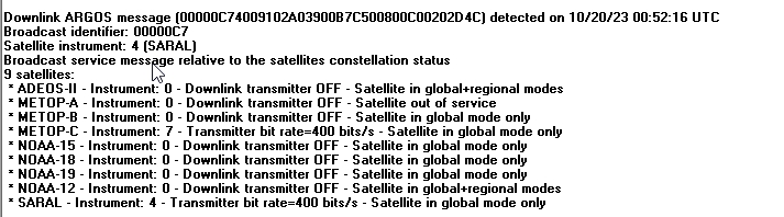 n6rfm's tweet photo. SARAL argos telemetry 465.988 MHz 20Oct23 0052Z EM12 passing to the west of Dallas, Ft. Worth TX obtained using #multipsk. Just ike Metop-C, Saral argos telemetry also includes location and track of other weather satellites. 😎 https://t.co/yITHcb08qY