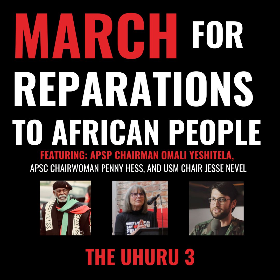 UhuruSolidarity's tweet image. MARCH FOR REPARATIONS TO AFRICAN PEOPLE!
VICTORY TO PALESTINE!
THIS SATURDAY, OCT. 21, 2023 ST. LOUIS, MO!
The #MarchForReparations will feature powerful speakers including 
The Uhuru 3:
APSP Chairman Omali Yeshitela
APSC Chairwoman Penny Hess
USM Chair Jesse Nevel, and more!